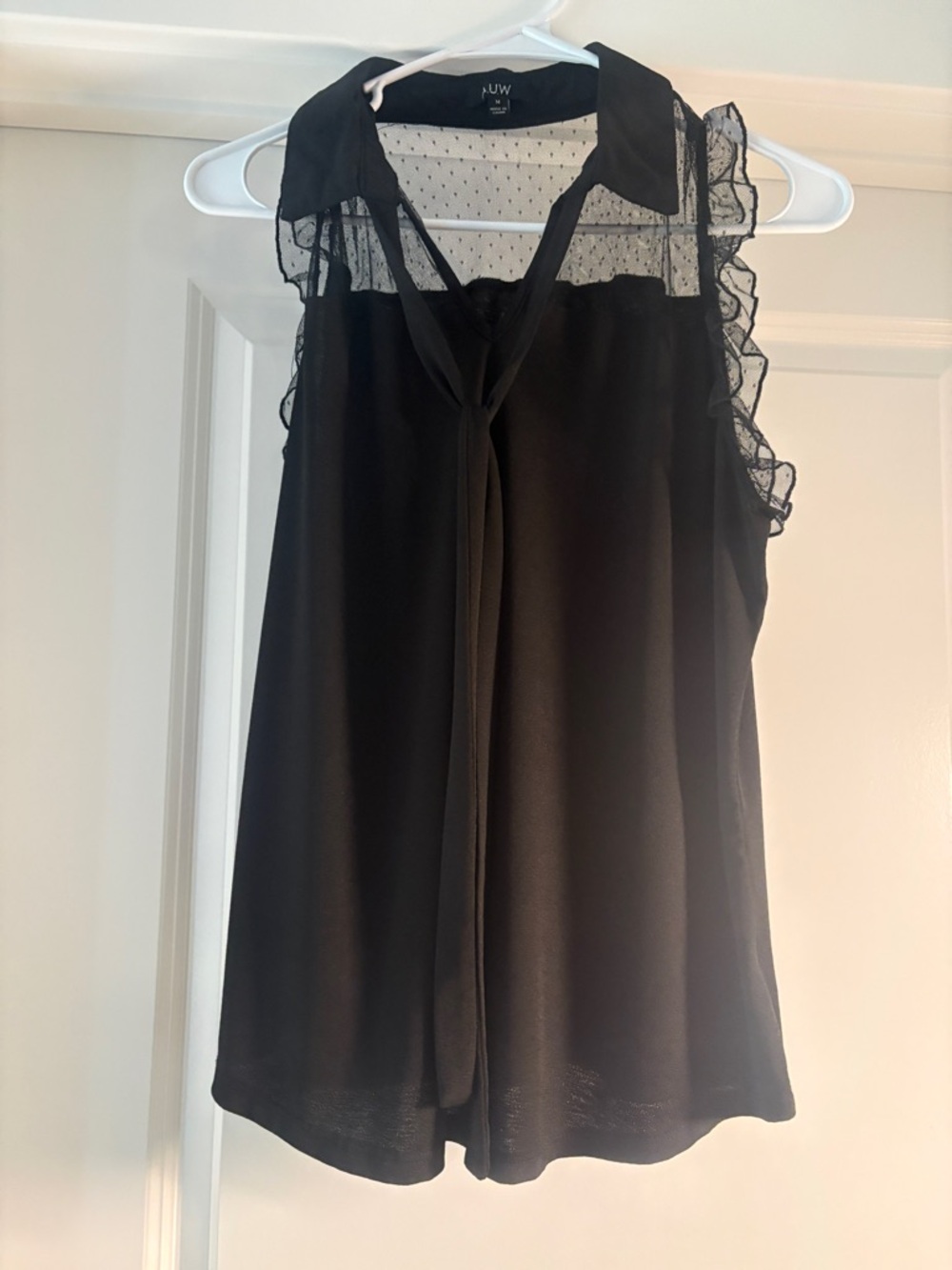 AUW Black Sleeveless Tie-Neck Camisole with Sheer Dot Yoke